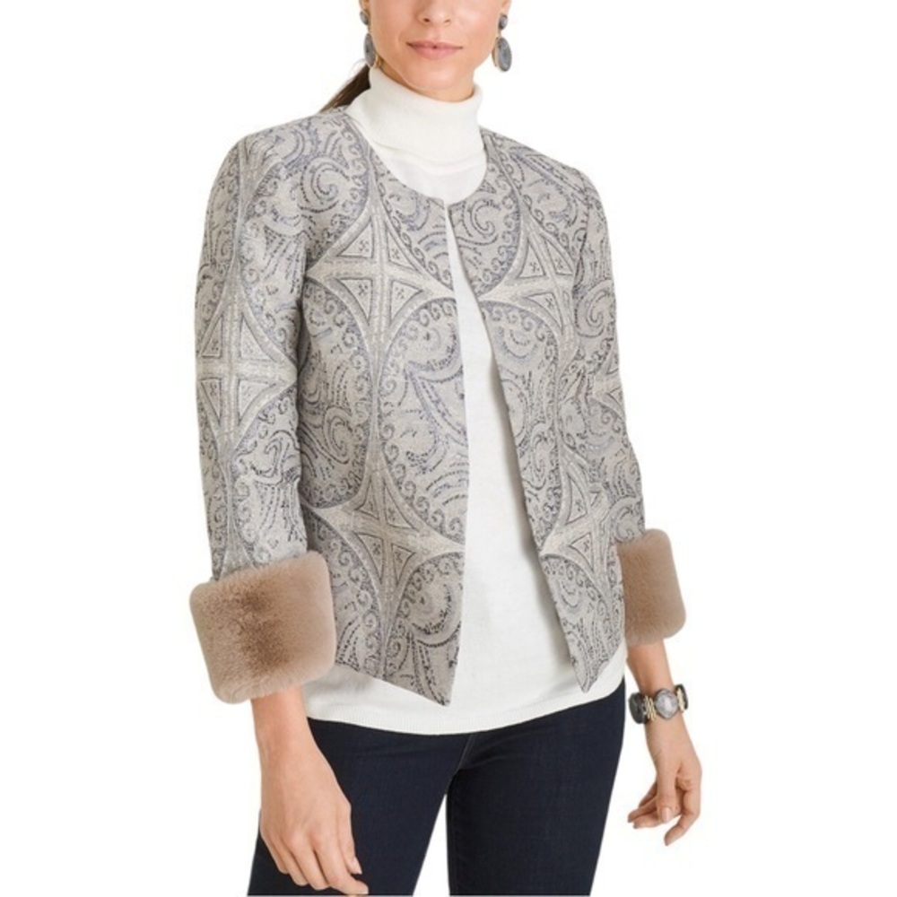 Chico’s Convertible Faux-Fur Cuff Jacquard Jacket in Taupe Grey Blue